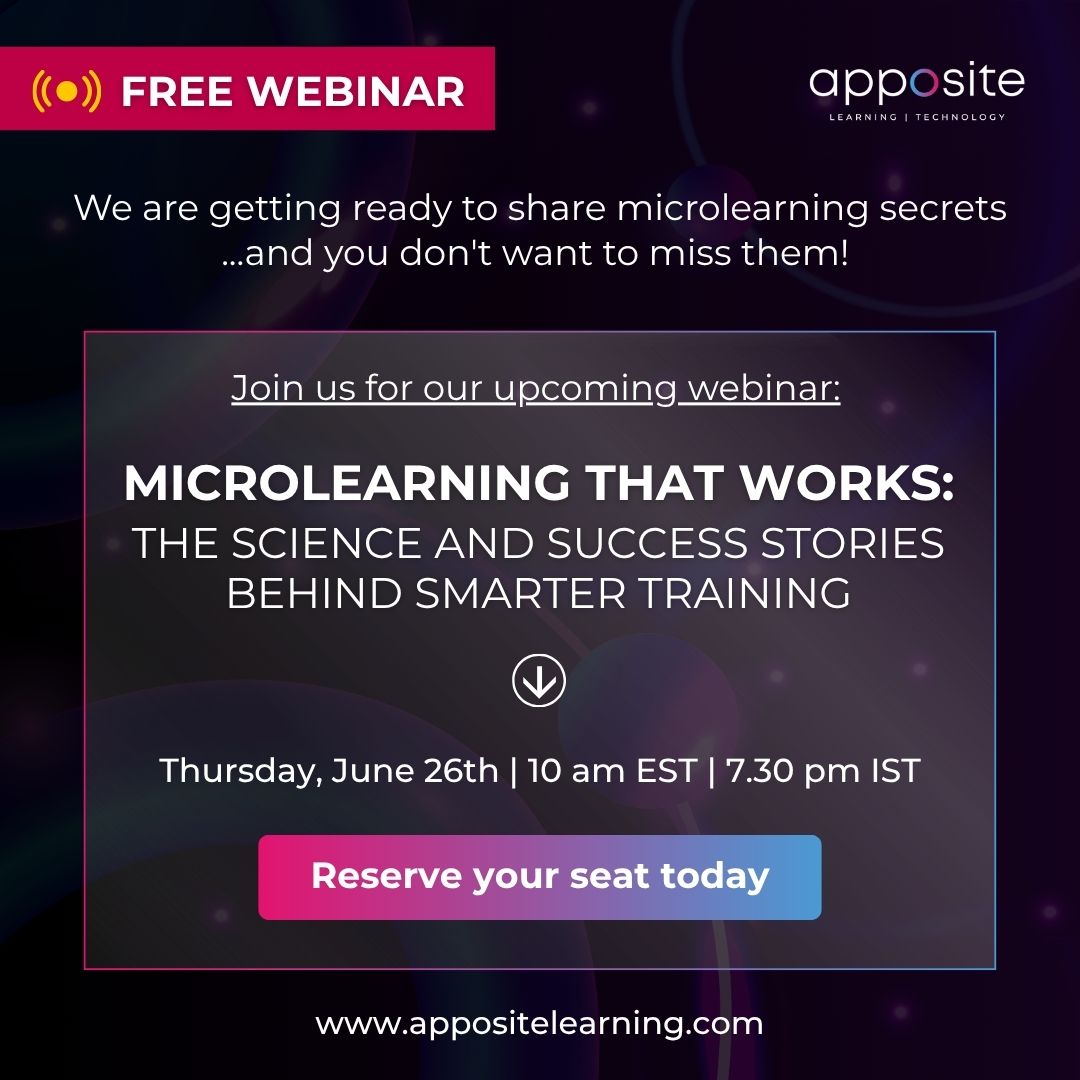 AppositeSol's tweet image. Are you curious to know about the powerful case studies and actionable insights that will be a part of the upcoming webinar on microlearning?

Don&apos;t wait to know! Just sign up for our webinar 

Reserve your seat today: meet.zoho.in/bwpv-rqj-gug
 #AppositeLearningSolutions