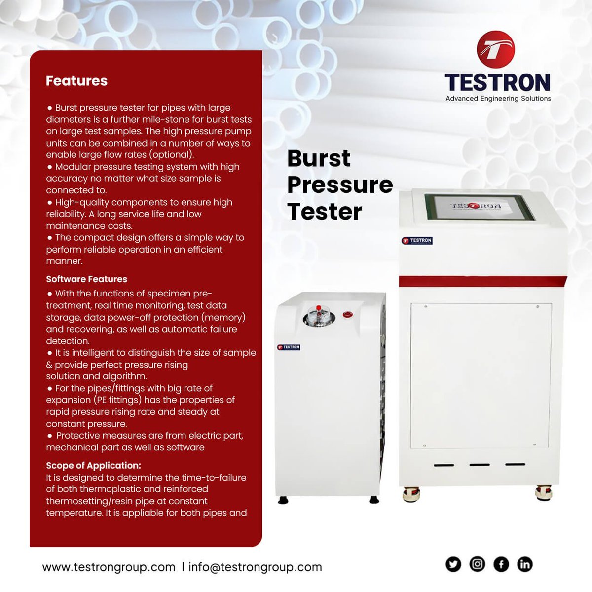 Testrongroup's tweet image. Push the Limits of Pipe Durability with Testron's Burst Pressure Tester

𝗙𝗼𝗿 𝗺𝗼𝗿𝗲 𝗶𝗻𝗳𝗼𝗿𝗺𝗮𝘁𝗶𝗼𝗻:
Email: info@testrongroup.com
Products: testrongroup.com/product/tt-pt1…
Website: testrongroup.com

#BurstPressureTester #PressureTestingMachine #TTPT1200