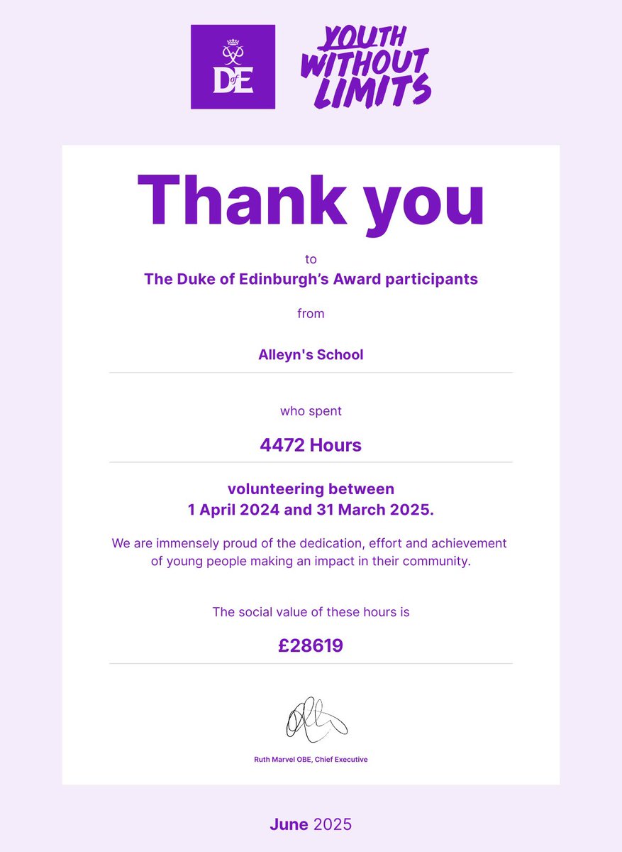 Very impressed with <a href="/AlleynsSchool/">Alleyn's School</a> <a href="/DofE/">The Duke of Edinburgh’s Award</a> who have spent 4472 hours volunteering in our local community which is equivalent to £28,619 of social value. Well done all of you super impressive stuff! <a href="/_JaneLunnon/">Jane Lunnon</a>