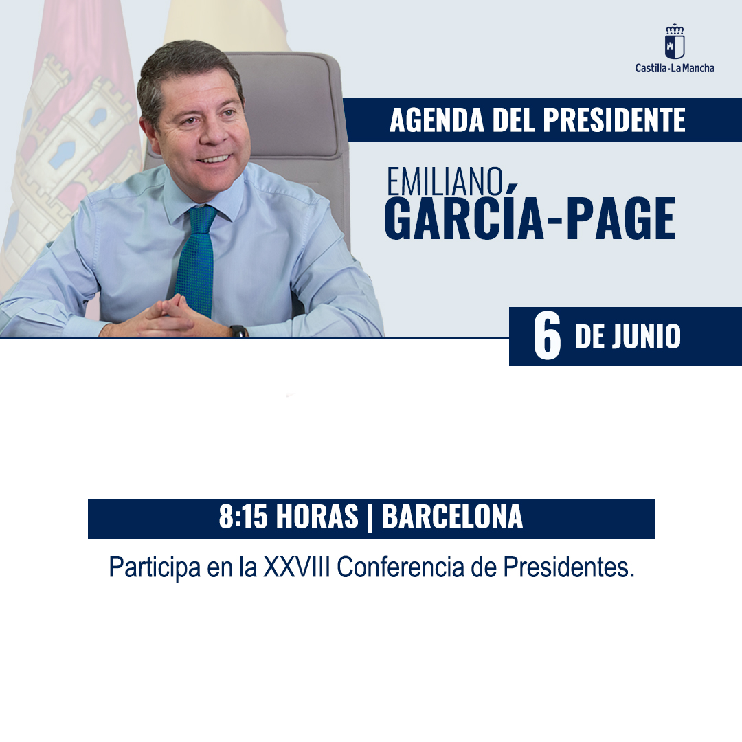 Gobierno de Castilla-La Mancha (@gobjccm) on Twitter photo 📅 #Buenosdías, esta es la agenda informativa del presidente de #CLM, <a href="/garciapage/">Emiliano García-Page</a>, prevista para hoy viernes, 6 de junio. 📅 #Buenosdías, esta es la agenda informativa del presidente de #CLM, <a href="/garciapage/">Emiliano García-Page</a>, prevista para hoy viernes, 6 de junio.