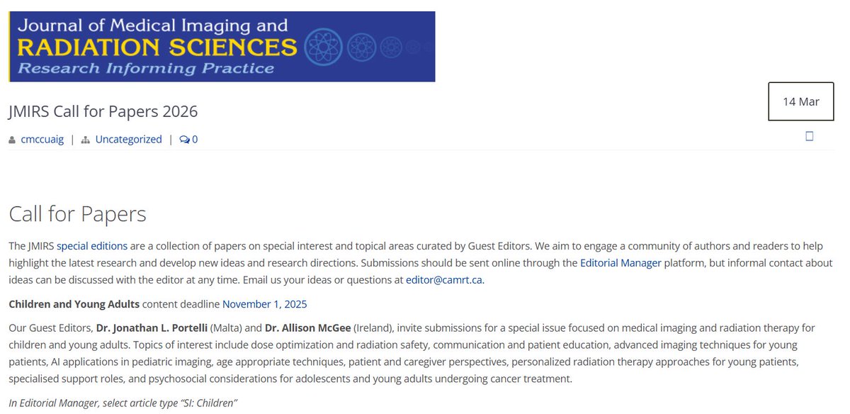 Honoured to be appointed Guest Editor for the upcoming JMIRS Special Issue on Children &amp; Young Adults, alongside Dr. Allison McGee. Inviting colleagues in #radiography #radiotherapy researching children/young adults to submit their work. More details here👇shorturl.at/mJheD