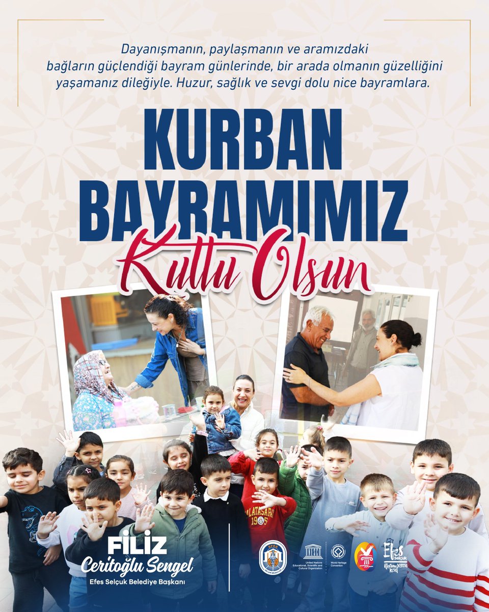 Dayanışmanın, paylaşmanın ve aramızdaki bağların güçlendiği bayram günlerinde, bir arada olmanın güzelliğini yaşamanız dileğiyle. 
Huzur, sağlık ve sevgi dolu nice bayramlara. Kurban Bayramımız Kutlu Olsun. 
#kurbanbayramı 
#efesselçuk 
<a href="/filizceritoglu/">Filiz Ceritoğlu Sengel</a>