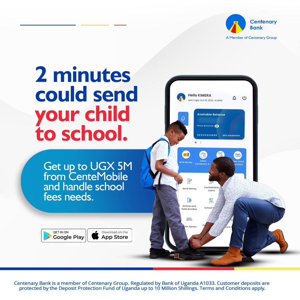 AtimCharlotte's tweet photo. No more school fees panic.
With a CenteMobile Loan, you can get up to UGX 5M in just 2 minutes and pay it back slowly, on flexible terms.#CenteMobileLoan
Dial *211# or use the #CenteMobile app and send your child to school without the stress. https://t.co/Y19cfuykEn