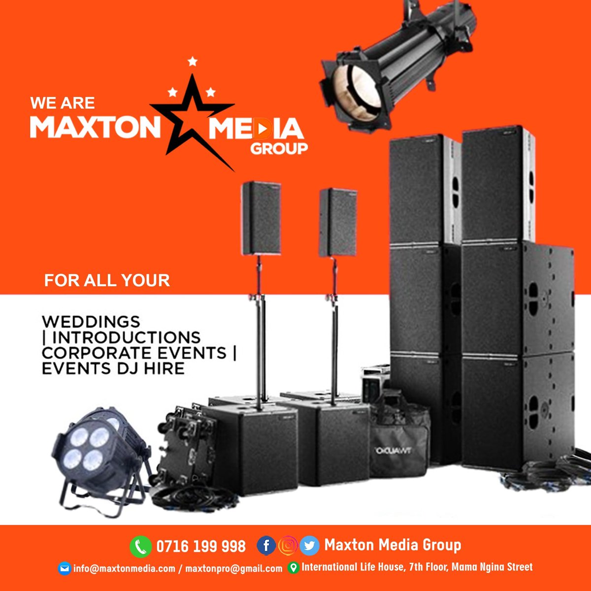 MaxtonMediaKE's tweet image. Make your #EidAlAdha event unforgettable with Maxton Media Group’s pro sound &amp;amp; PA services! 🎤 Enjoy 10% OFF today only. Book now for clear audio &amp;amp; seamless support. DM to claim your offer!
#SoundServices #PASystem #AudioVisual #EventProfs #SoundRental #MaxtonMediaGroup