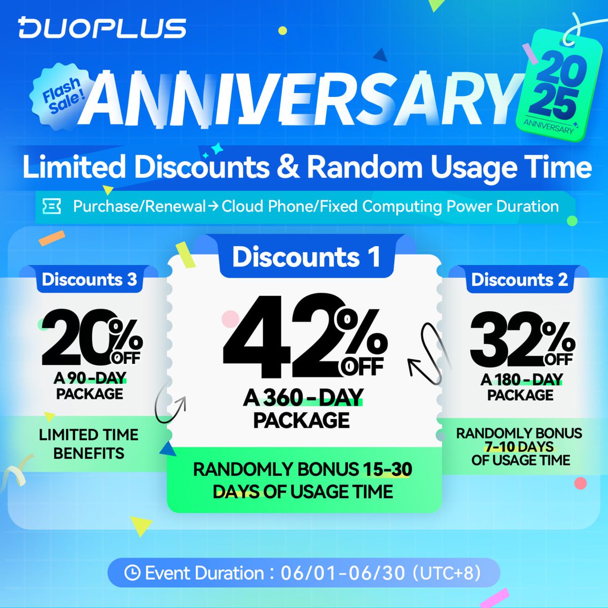 IPFoxyProxies's tweet photo. 🫴#DuoPlus Anniversary SALE!
💥 Lowest Prices EVER:
✅ 90D: 20% off
✅ 180D: 32% off + 7-10d bonus
✅ 360D: 42% off + 15-30d bonus!
⏰ Ends 2025.06.30
👉 GRAB DEAL: https://t.co/V7hqCszzKR
🎁 EXTRA BONUS:
Share this ➕ DM @DuoPlusCloud for coupon code!
#IPFoxy #CloudPhone https://t.co/CHrQNqB5LI
