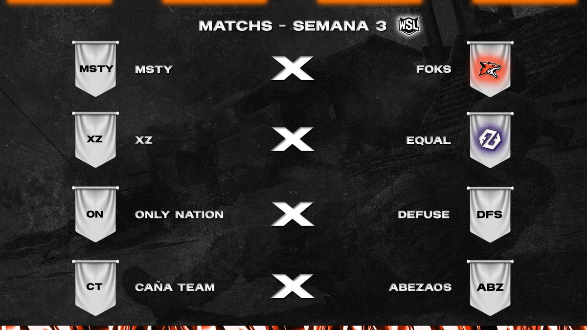 #WSLeague - Matchs Semana 3.

Aquí tenemos todos los matchs de la tercera jornada, suerte a todos los equipos.

¡Recuerda seguir la transmisión de esta tercera jornada en nuestro canal de Twitch!

📎Twitch.tv/WSLeague1