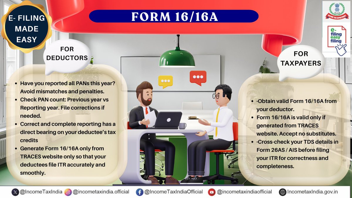 Income Tax India (@incometaxindia) on Twitter photo <a href="/nsitharamanoffc/">Nirmala Sitharaman Office</a> <a href="/officeofPCM/">Office of Pankaj Chaudhary</a> <a href="/FinMinIndia/">Ministry of Finance</a> <a href="/PIB_India/">PIB India</a> <a href="/MIB_India/">Ministry of Information and Broadcasting</a> "E- Filing Made Easy"
Form 16/16A – The Starting Point of Your ITR Journey
🔷Deductors: Ensure Form 16/16A is generated only from TRACES for authenticity.
🔷Taxpayers: Always cross-check TDS with your Form 26AS/AIS before filing.
Correct forms help avoid mismatches and build <a href="/nsitharamanoffc/">Nirmala Sitharaman Office</a> <a href="/officeofPCM/">Office of Pankaj Chaudhary</a> <a href="/FinMinIndia/">Ministry of Finance</a> <a href="/PIB_India/">PIB India</a> <a href="/MIB_India/">Ministry of Information and Broadcasting</a> "E- Filing Made Easy"
Form 16/16A – The Starting Point of Your ITR Journey
🔷Deductors: Ensure Form 16/16A is generated only from TRACES for authenticity.
🔷Taxpayers: Always cross-check TDS with your Form 26AS/AIS before filing.
Correct forms help avoid mismatches and build