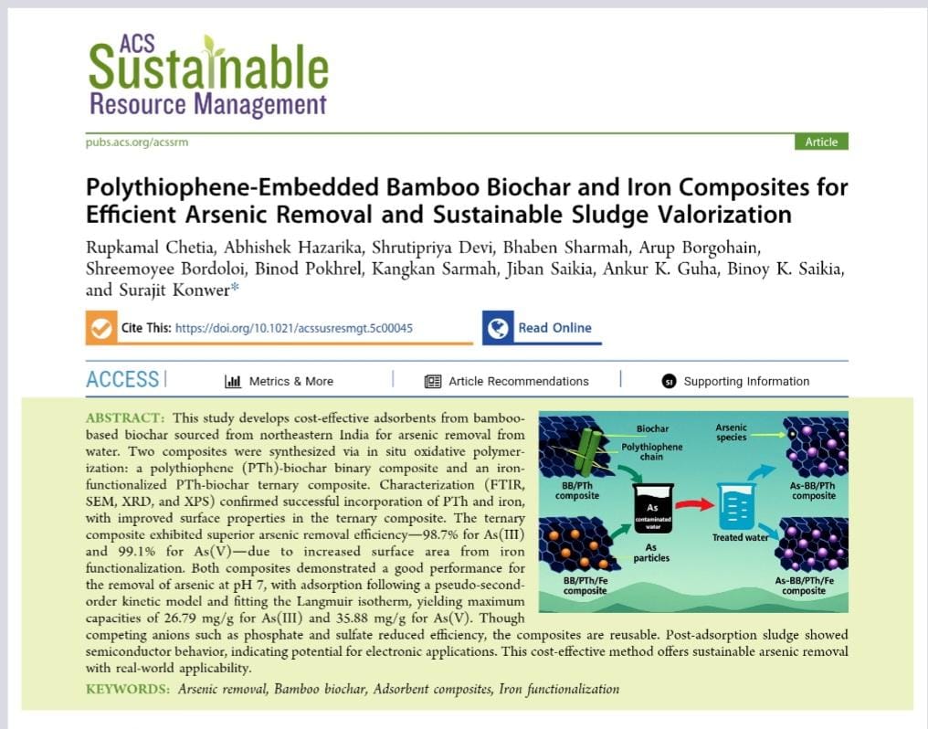 surajitkonwer's tweet image. We present a carbon-based adsorbent made from locally available bamboo biochar. Designed with simplicity and sustainability in mind, this eco-friendly material holds the promise to transform access to clean water for rural communities around the world.