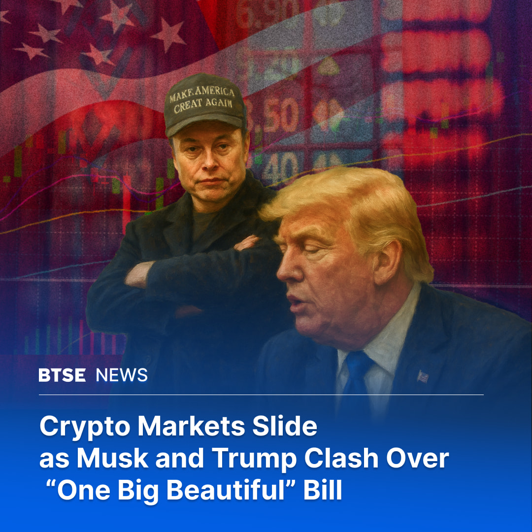 BTSE (@btse_official) on Twitter photo The crypto market tumbled on early Thursday following a heated exchange between Elon Musk and U.S. President Donald Trump over the βOne Big Beautifulβ bill. #Bitcoin fell 3%, while #Ethereum, $XRP, and #Solana posted even sharper losses. 
The sell-off led to nearly $1 billion in The crypto market tumbled on early Thursday following a heated exchange between Elon Musk and U.S. President Donald Trump over the βOne Big Beautifulβ bill. #Bitcoin fell 3%, while #Ethereum, $XRP, and #Solana posted even sharper losses. 
The sell-off led to nearly $1 billion in