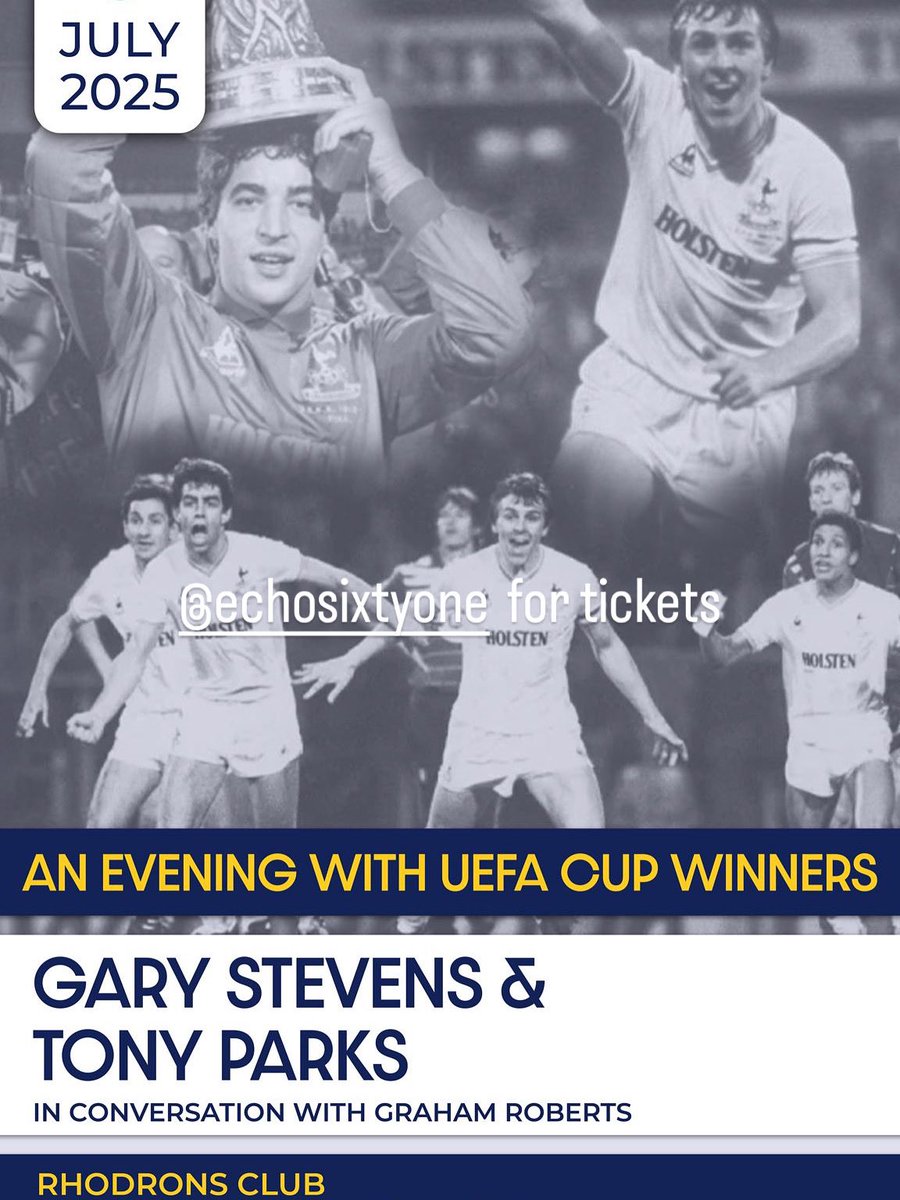 Tickets: <a href="/echosixtyone/">Echo Sixty One</a> 
I look forward to meeting you along with <a href="/GrahamRoberts4/">Graham Roberts</a> and <a href="/tonyparksgk/">Tony Parks</a> 
👍🏼 ⚽️ 🏆 🥇