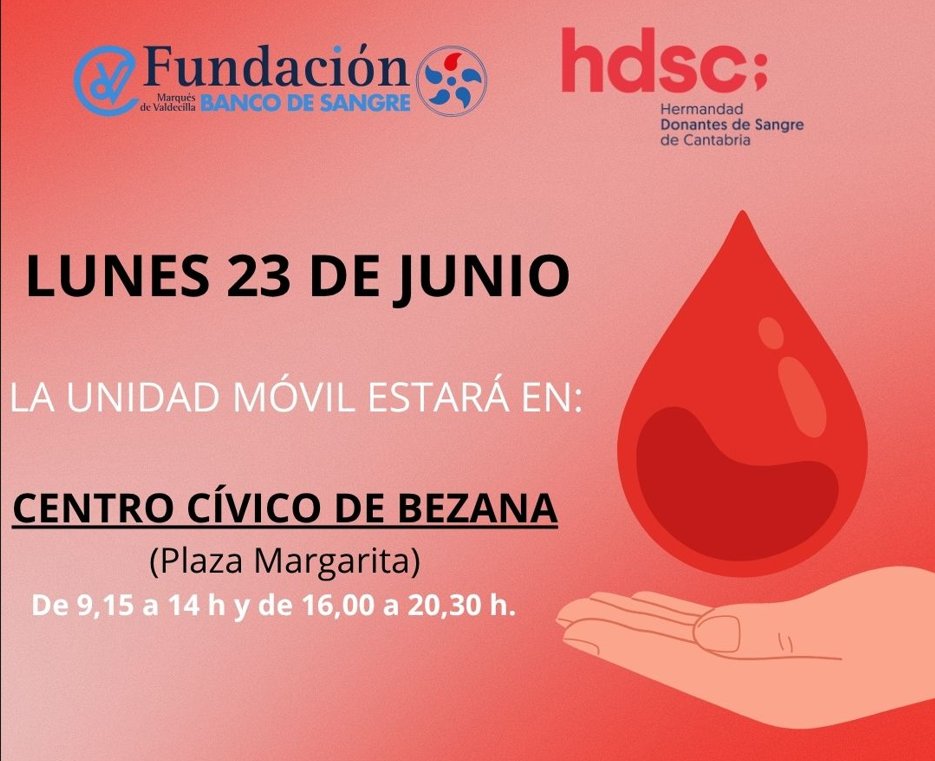 BANCO DE SANGRE DE CANTABRIA (@bscantabria) on Twitter photo Comenzamos la semana en el
📍Centro Cívico de #BEZANA
🩸La #sangre no se puede fabricar, por lo que necesitamos la solidaridad de los #donantes para poder dar respuesta a las necesidades de los #pacientes (#anemias, #cirugías, #hemorragias, etc)
#donavida
<a href="/aytobezana/">AytoBezana</a> Comenzamos la semana en el
📍Centro Cívico de #BEZANA
🩸La #sangre no se puede fabricar, por lo que necesitamos la solidaridad de los #donantes para poder dar respuesta a las necesidades de los #pacientes (#anemias, #cirugías, #hemorragias, etc)
#donavida
<a href="/aytobezana/">AytoBezana</a>