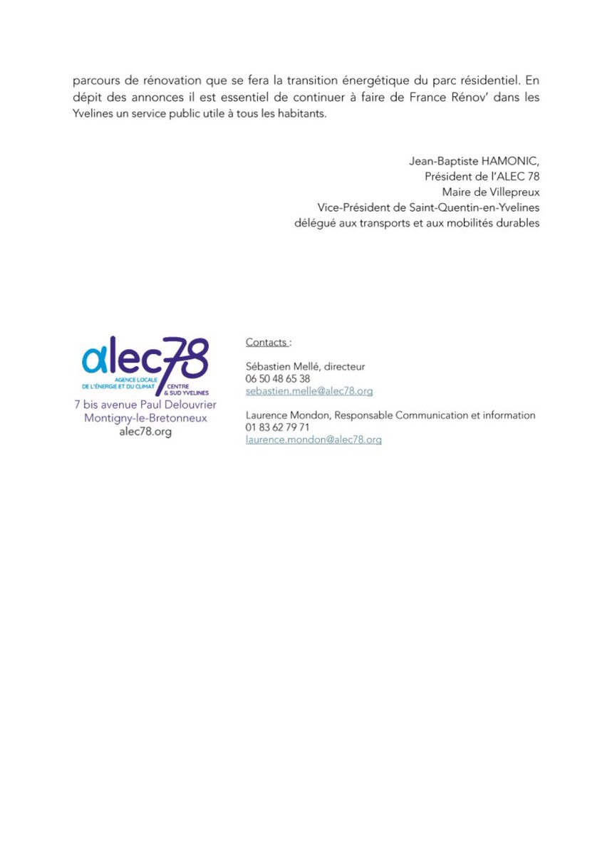 Jean-Baptiste Hamonic (@jbhamonic) on Twitter photo #MaPrimeRénov🏠❌
🗣️Mon communiqué en qualité de président <a href="/alecsqy/">ALEC 78</a> à la suite de la suspension de Ma Prime Rénov’.
Ces annonces fragilisent la force d'un service public essentiel. Soutenir la rénovation énergétique des logements est une opportunité pour l’Etat & les territoires. #MaPrimeRénov🏠❌
🗣️Mon communiqué en qualité de président <a href="/alecsqy/">ALEC 78</a> à la suite de la suspension de Ma Prime Rénov’.
Ces annonces fragilisent la force d'un service public essentiel. Soutenir la rénovation énergétique des logements est une opportunité pour l’Etat & les territoires.