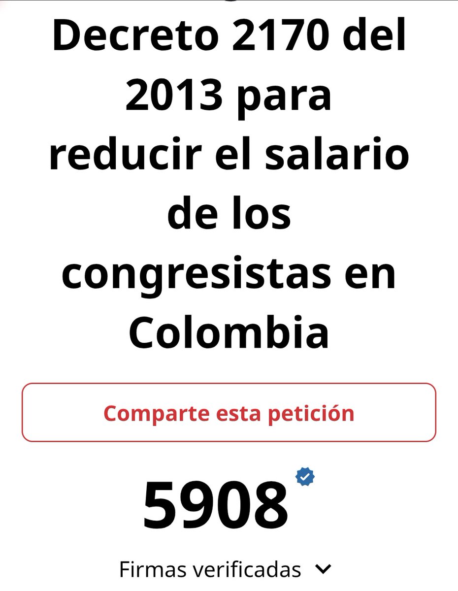 Llevamos casi 6.000 firmas para apoyar la solicitud al presidente <a href="/petrogustavo/">Gustavo Petro</a> de derogar el Decreto 2170 con el que se le dio una prima especial de servicios a los co gresistas. 

Aquí puedes firmar.
chng.it/nMZkSfzMsJ

Hoy esa prima son casi 17 millones de pesos.