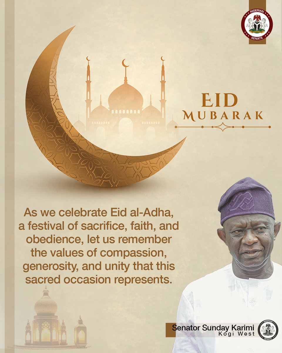SundayKarimi's tweet image. Eid al-Adha greetings from Senator Sunday Karimi! 🌙🕊️
As we celebrate this season of sacrifice and compassion, let's embrace love, tolerance, and unity for the growth and development of Kogi State and Nigeria. 🙏
Let's promote peace, strengthen our bonds, and foster religious…
