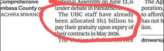 <a href="/shirukihara/">Shiru Kihara</a> <a href="/citizentvkenya/">Citizen TV Kenya</a> <a href="/NationAfrica/">Daily Nation</a> <a href="/KTNNewsKE/">KTN News</a> <a href="/ntvkenya/">NTV Kenya</a> <a href="/KBCChannel1/">KBC Channel 1 News</a> <a href="/KNUNOFFICIAL/">KNUNM-The Voice of a Kenyan Nurse & Midwife</a> <a href="/maroag7/">Gibore Maroah. General Secretary/C.E.O. KUCO</a> <a href="/ptason/">Peterson Wachira HSC</a> With the money for absorbing UHC staff being factored in, we expect nothing but the absorption of UHC staff by July this year. This money MUST not be reallocated or fall into the deep pockets of corrupt individuals at <a href="/MOH_Kenya/">Ministry of Health</a>.
#safeguardUHCstaffmoney.
<a href="/fnoluga/">Dr. Ouma Oluga, OGW</a>, <a href="/HonAdenDuale/">Hon. Aden Duale, EGH</a> ,