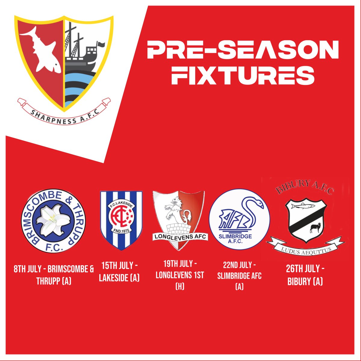 Sharpness AFC (@sharpnessafc) on Twitter photo ๐ดโช๏ธ PRE SEASON FIXTURES ๐ดโช๏ธ
Our first team pre season schedule is confirmed as weโre up against <a href="/Btfcthemeadow/">Brimscombe & Thrupp FC</a> <a href="/fc_lakesidechel/">FC Lakeside</a> <a href="/longlevensafc/">Longlevens AFC</a> <a href="/slimbridgeafc/">Slimbridge AFC</a> & <a href="/BiburyAFC/">Bibury Football Club</a>
#UTS ๐ดโช๏ธ๐ฆ ๐ดโช๏ธ PRE SEASON FIXTURES ๐ดโช๏ธ
Our first team pre season schedule is confirmed as weโre up against <a href="/Btfcthemeadow/">Brimscombe & Thrupp FC</a> <a href="/fc_lakesidechel/">FC Lakeside</a> <a href="/longlevensafc/">Longlevens AFC</a> <a href="/slimbridgeafc/">Slimbridge AFC</a> & <a href="/BiburyAFC/">Bibury Football Club</a>
#UTS ๐ดโช๏ธ๐ฆ