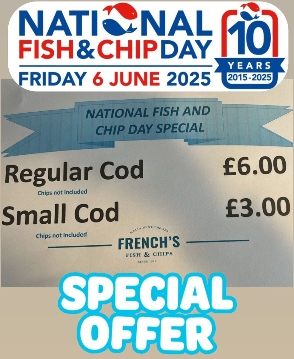 Happy #NationalFishandChipDay 🐟🍟
Join us in celebrating the biggest day in the fish &amp; chip calendar
To celebrate this extra special #Fryday, we have a great offer on our delicious battered cod 😋 so come &amp; grab your fish supper and join in the best day of the week and year!