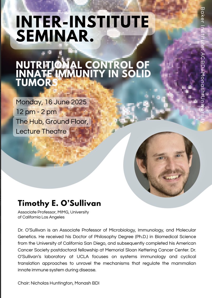 📢✨: Dr Tim O'Sullivan from UCLA will be presenting his exciting work on "nutritional control of innate immunity in solid tumours" at <a href="/AlfredHealth/">The Alfred</a>.

Join us in person or virtually via zoom on the 16th of June (12pm) to hear about his research!

monash.zoom.us/j/85727059727?…