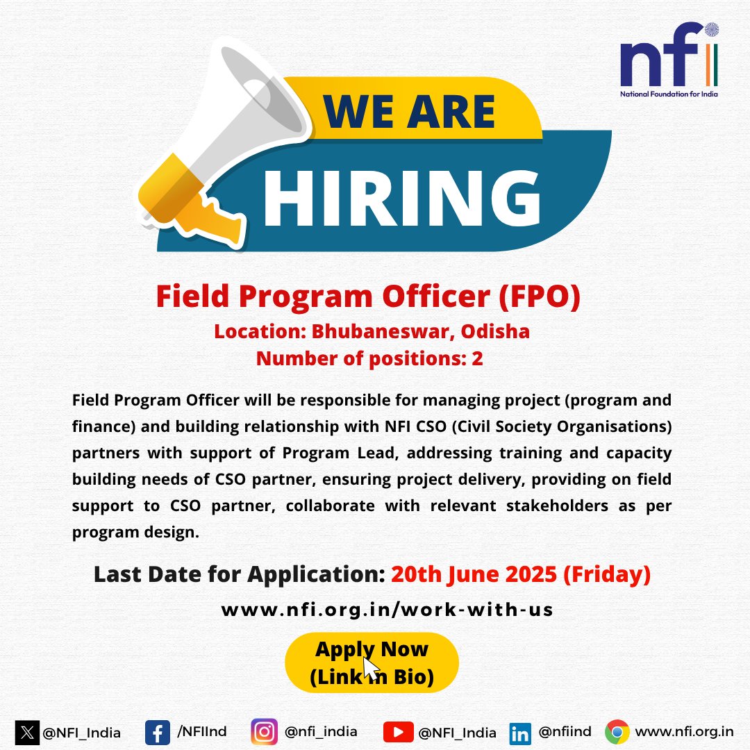 📢#NFI is hiring 2 Field Program Officer (FPO) in Bhubaneswar.

For more details and for applying : nfi.org.in/field-program-…

🗓️Last date : 20th June,2025

#JobOpportunity #HiringNow