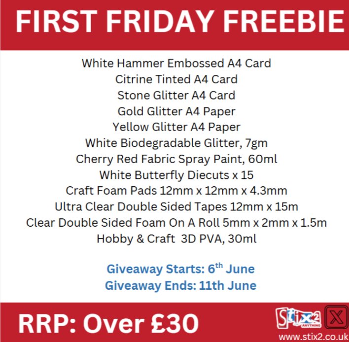 The First Friday Freebie Giveaway is now LIVE!
Fancy winning this Stix2 #craftbundle worth over £30

 Like and retweet our post for a chance to win

The winner will be announced on Wednesday 11th June.

#stix2anything #craftprize #craftcompetition #craftssupplies #welovecrafts