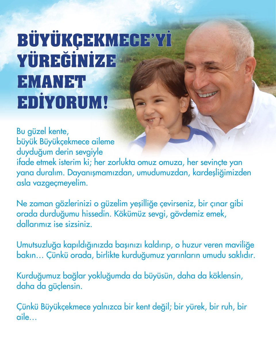 drhasanakgun's tweet photo. BÜYÜKÇEKMECE’Yİ YÜREĞİNİZE EMANET EDİYORUM!

Başkan yardımcılarımız Ömer Kazancı ve Rıza Can Özdemir ile birlikte, haksız ve adaletsiz bir operasyon nedeniyle bir süreliğine aranızda olamayacağız.

Ancak şunu bilin ki; biz bu topraklara emeğimizi, sevgimizi ve inancımızı bıraktık. Ayrılsak da gönlümüz sizlerle, mücadelemiz Büyükçekmece’mizle beraberdir.

Bugün, sadece kendimi değil; Büyükçekmece’mizi de yüreklerinize emanet ediyorum.

Her taşında alın terimizin, her sokağında ortak hatıralarımızın olduğu bu güzel şehir, yalnızca bir yer değil; ortak vicdanımız, müşterek yarınımızdır.

Bu güzel kente, büyük Büyükçekmece aileme duyduğum derin sevgiyle ifade etmek isterim ki; her zorlukta omuz omuza, her sevinçte yan yana duralım.
Dayanışmamızdan, umudumuzdan, kardeşliğimizden asla vazgeçmeyelim.

Ne zaman gözlerinizi o güzelim yeşilliğe çevirseniz, bir çınar gibi orada durduğumu hissedin.
Kökümüz sevgi, gövdemiz emek, dallarımız ise sizsiniz.

Umutsuzluğa kapıldığınızda başınızı kaldırıp, o huzur veren maviliğe bakın…
Çünkü orada, birlikte kurduğumuz yarınların umudu saklıdır.

Kurduğumuz bağlar yokluğumda da büyüsün, daha da köklensin, daha da güçlensin.

Çünkü Büyükçekmece yalnızca bir kent değil; bir yürek, bir ruh, bir aile…

Bugüne kadar nice zorluğu birlikte aştık.
Yarınları da yine birlikte kuracağız.
Bu inançla, bu kararlılıkla…

Kendimi, arkadaşlarımı ve Büyükçekmece’yi sizlerin yüreğine emanet ediyorum.

Bu vesileyle, tüm İslam âleminin ve büyük Büyükçekmece ailemin Kurban Bayramı’nı kutluyor; bayramın getirdiği huzur, bereket ve kardeşliğin yüreklerimize dokunmasını diliyorum.

Birliğimiz daim, yolumuz açık, Büyükçekmece’miz her zaman sevgi ve huzurla dolu olsun.

Dr. Hasan Akgün