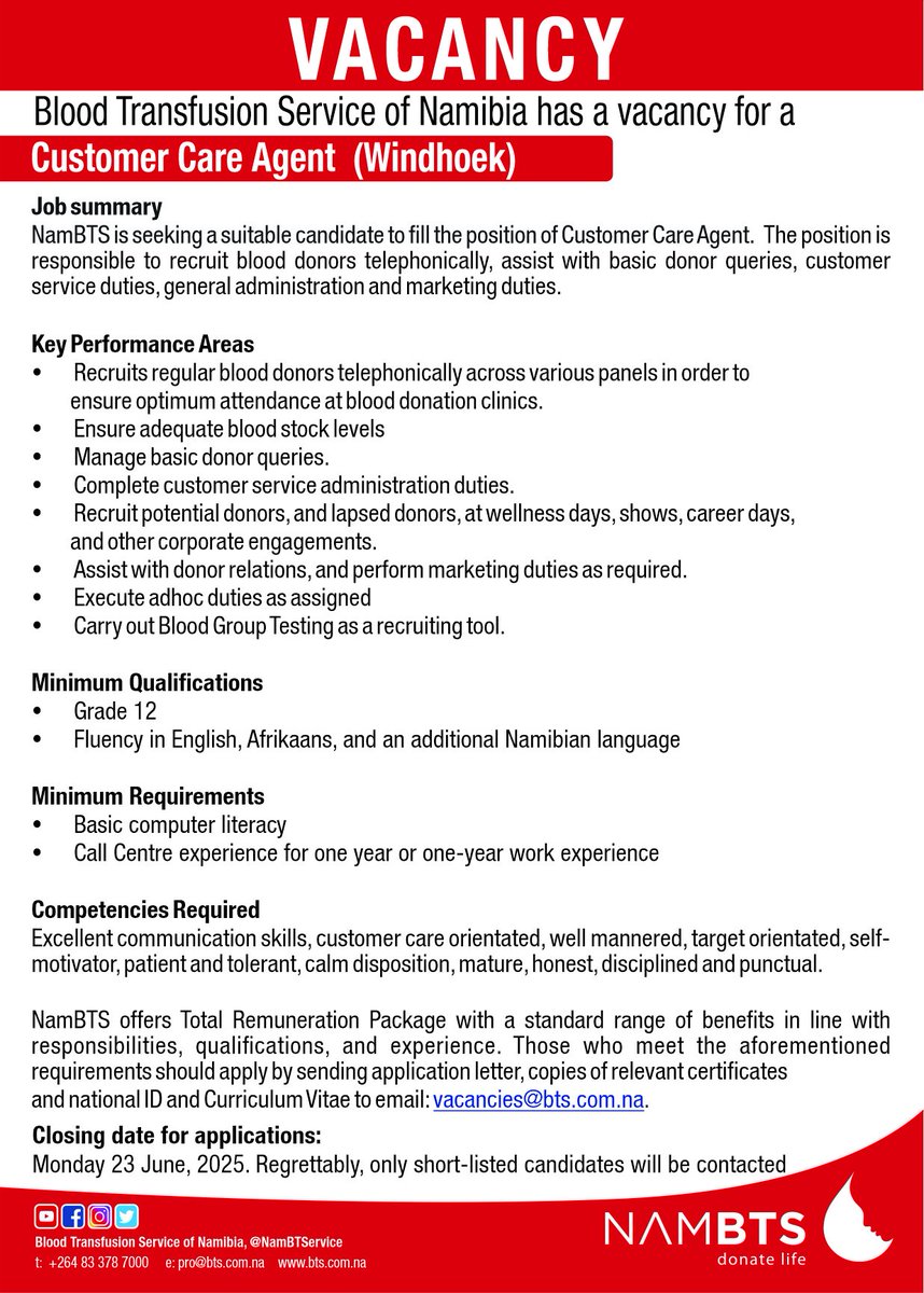 VACANCY Alert: Customer Care Agent 

NAMBTS is hiring! 

We are looking for a Customer Care Agent in Windhoek.

Due date: 23 June 2025
