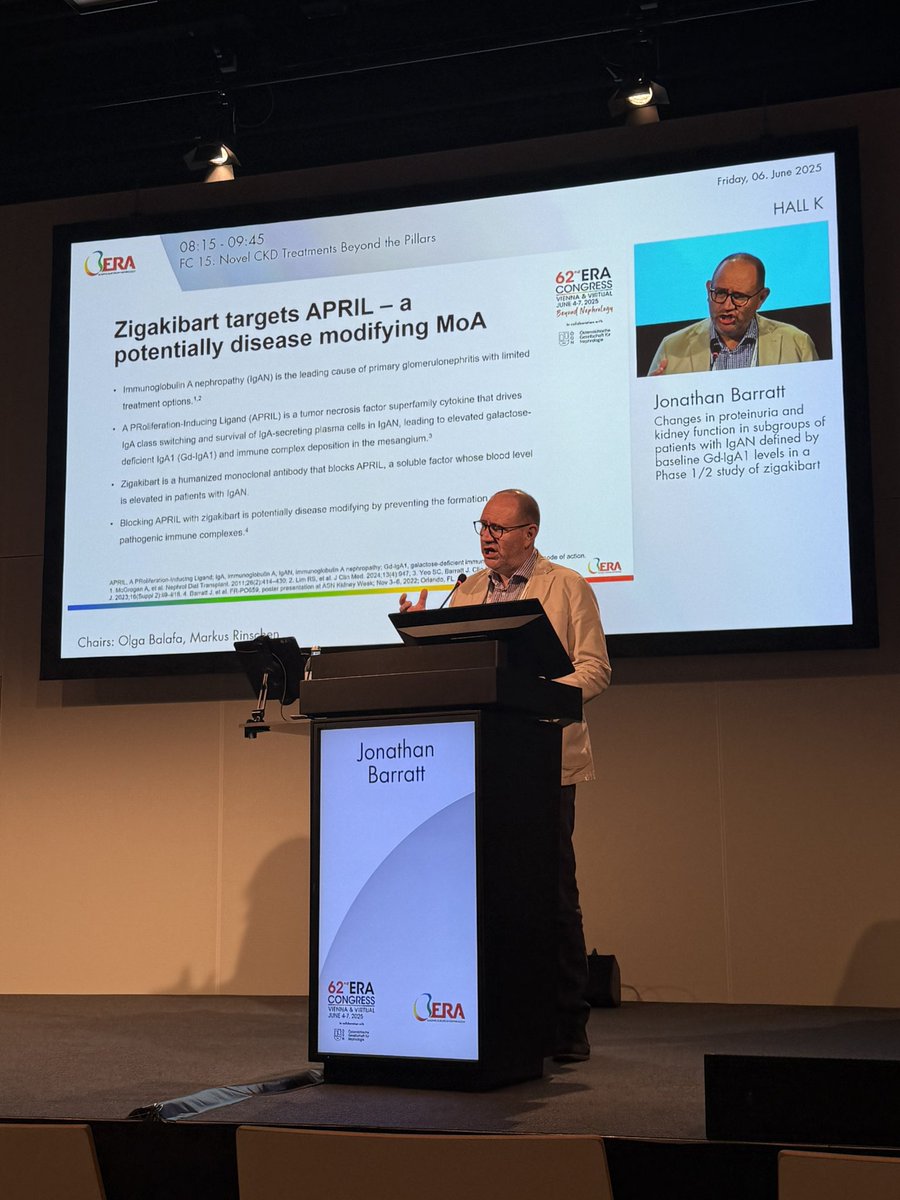 First in Novel CKD Treatments Beyond the Pillars (room K), Jonathan Barratt presenting 

🥁Changes in proteinuria and kidney function in subgroups of patients with IgAN defined by baseline Gd-IgA1 levels in a Phase 1/2 study of zigakibart

Zigakibart= humanized MAb that blocks