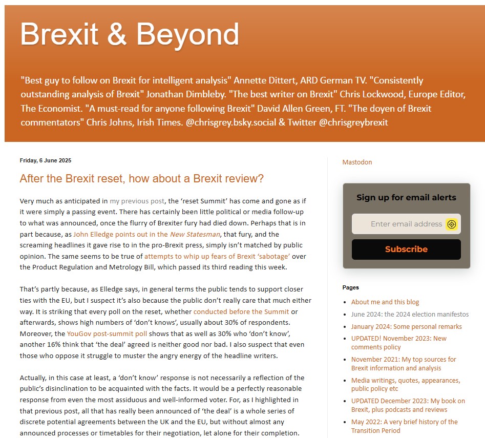 chrisgreybrexit's tweet image. After the Brexit reset, how about a Brexit review? New post on my Brexit & Beyond Blog. The reset now needs to be delivered, including an SPS deal. Meanwhile, with the SDR we've had three defence reviews since Brexit, so why not a Brexit review? chrisgreybrexitblog.blogspot.com/2025/06/after-…