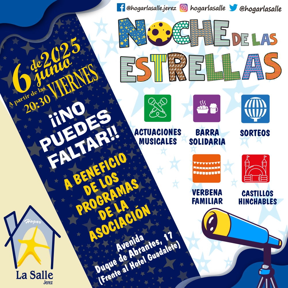 !Llegó el gran día¡ Os espera la Noche de las Estrellas con un montón de sorpresas. Barra solidaria, sorteos, actuaciones en directo y mucho más. En esta edición tendremos telescopios de la Asociación Astronómica Magallanes. ¡¡NO PUEDES FALTAR!!
#NocheDeLasEstrellas #SomosLaSalle