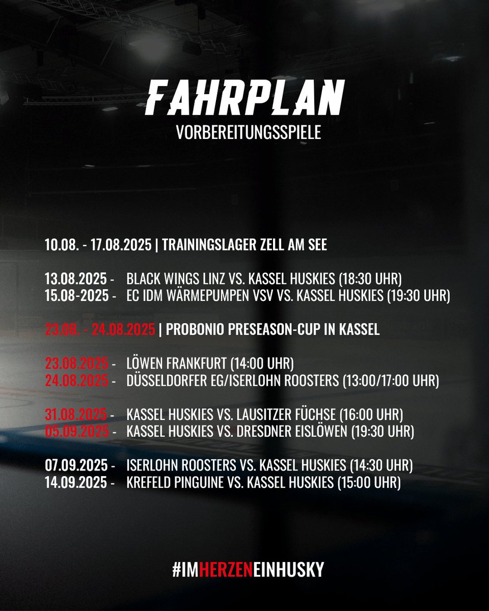 🗓️ 𝙑𝙊𝙍𝘽𝙀𝙍𝙀𝙄𝙏𝙐𝙉𝙂 2️⃣5️⃣/2️⃣6️⃣

Hier ist er nun - unser Fahrplan auf dem Weg zur neuen DEL2-Saison! 🙌🏼

Zur Meldung 👉🏼 kassel-huskies.de/news/detail/vo… 🔗 

#Vorbereitung #PreSeason2025 #imHerzeneinHusky
