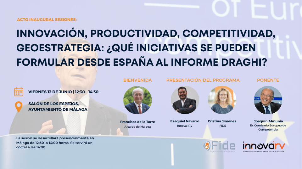 📢 El viernes 13 de junio inauguramos en Málaga el Grupo de Trabajo:
 #Innovación #Productividad #Competitividad #Geoestrategia
¿Qué propuestas pueden impulsarse desde España al #InformeDraghi?
🕧 12:30 - 14:00h
📍 Salón de los Espejos, Ayto. de Málaga