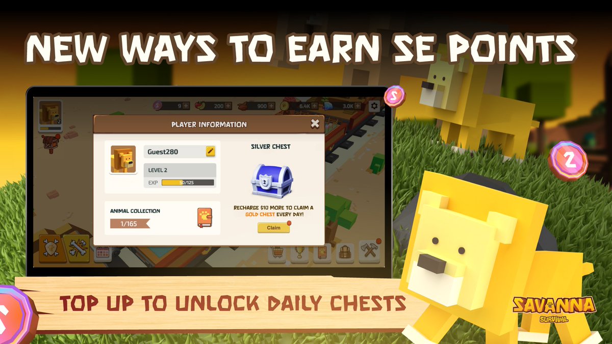 🎁 Top Up to Unlock Daily Reward Chests in #SavannaSurvival!
Earn SE Points based on your total top-up amount.

⏳ Chests have a cooldown between claims—collect when ready and check daily!
⚙️ Chest tiers upgrade with cumulative top-ups:
Bronze → Iron → Silver → Gold →