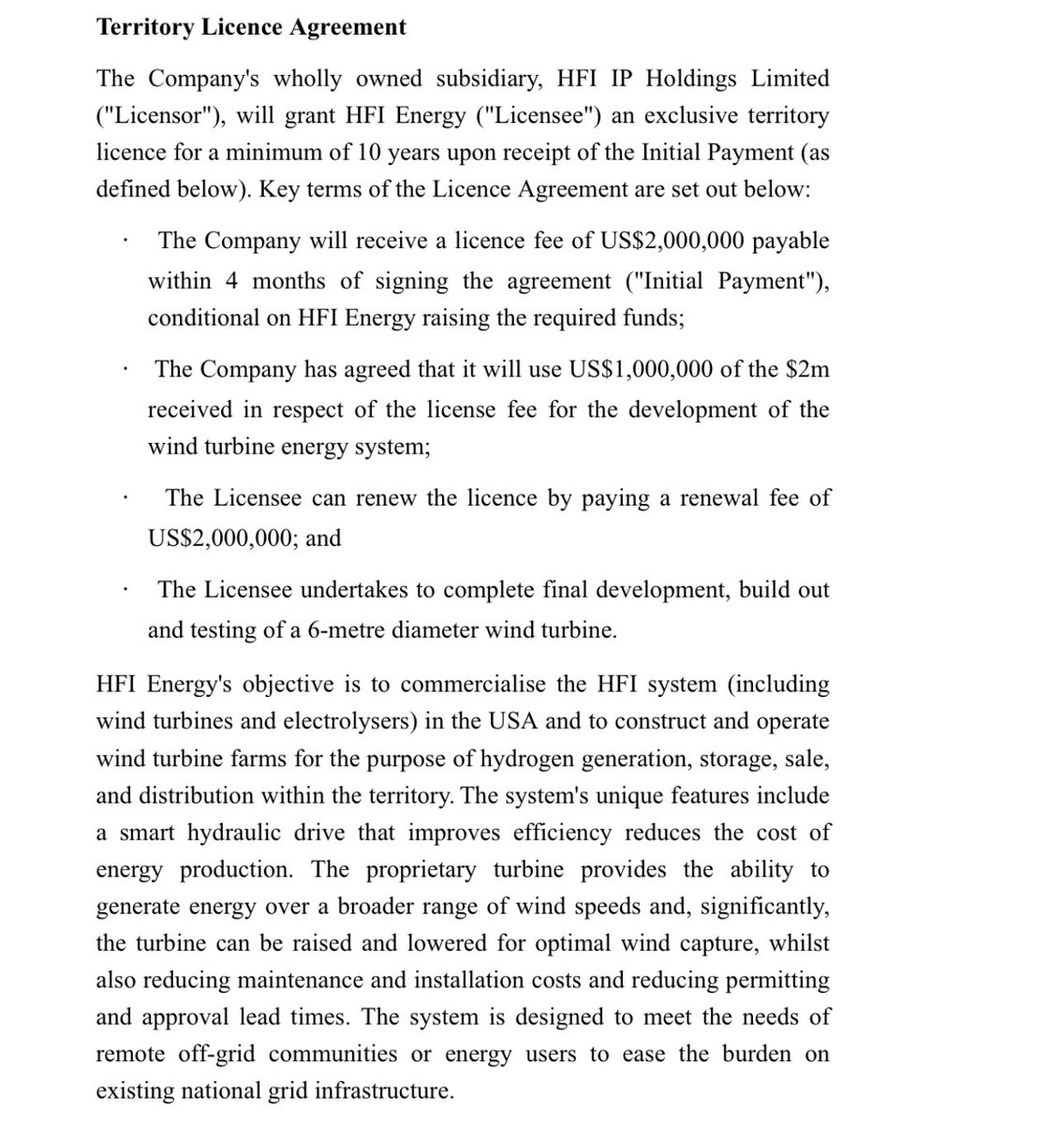 BigGibUK's tweet image. #HFI 🚨 RNS 🚨 (currently suspended until end of June on Aquis) £900k market cap!

HFI IP Holdings has signed a Licence Agreement with HFI Energy for exclusive US commercialisation rights of its next-gen wind-to-hydrogen system.

🔹 $2M licence fee agreed (first $1M to fund