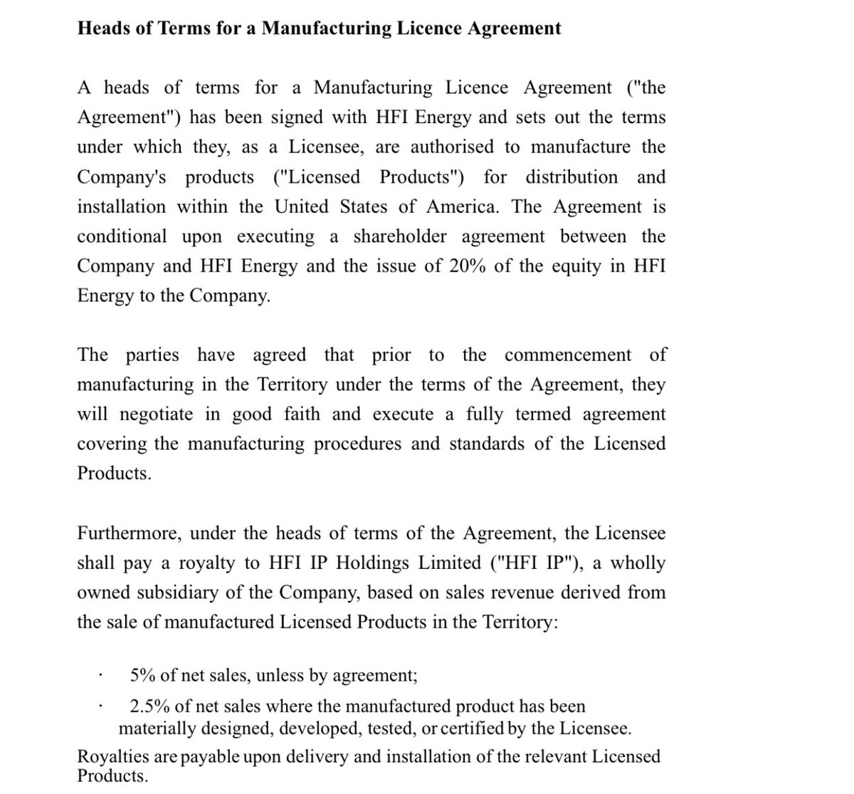 BigGibUK's tweet image. #HFI 🚨 RNS 🚨 (currently suspended until end of June on Aquis) £900k market cap!

HFI IP Holdings has signed a Licence Agreement with HFI Energy for exclusive US commercialisation rights of its next-gen wind-to-hydrogen system.

🔹 $2M licence fee agreed (first $1M to fund