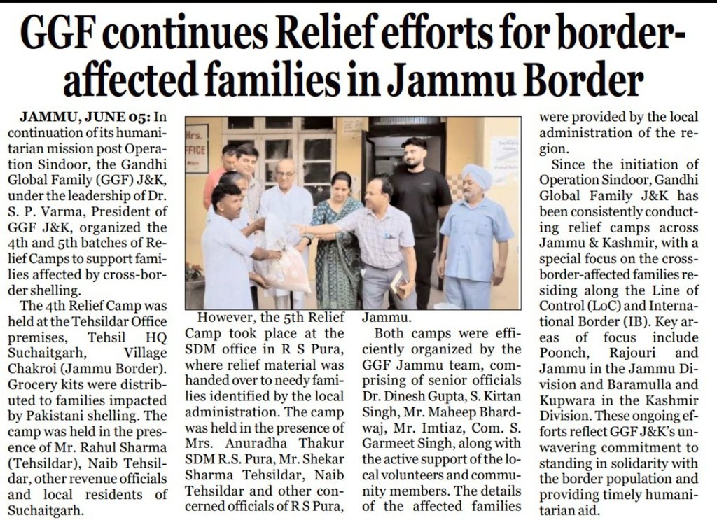 Thanks to local media for an overwhelming coverage. Gandhi Global Family distributed 4th &amp; 5th relief material camp for cross-border firing victims identified by local administration in RS Pura.  #CivilSociety #GGF #HumanitarianAid #Relief #PeaceBuilding #UNDGCwithCivilSociety