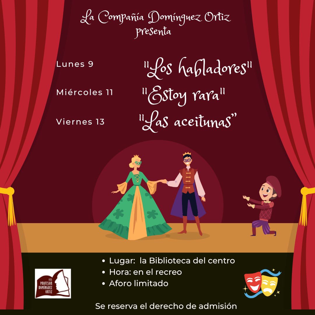 ESTRENO INMINENTE!!  El grupo de teatro Domínguez Ortiz estrena sus obras clásicas Los Habladores, Estoy Rara y Las Aceitunas. No te pierdas el acontecimiento la próxima semana en nuestra biblioteca, lo pasarás muy bien!!