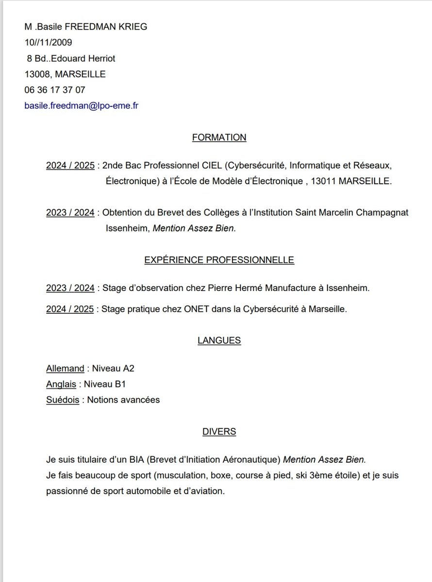 Steph13Freed's tweet image. 🚨 URGENT 🚨 
Mon fils Basile (15 ans), élève en 2nde Bac Pro Cybersécurité, Informatique et Réseaux Électroniques à l’École de Modèle d’Électronique, cherche de toute urgence un stage de 3 semaines dans un service informatique.
Merci pour vos RT.
#stage #informatique #Marseille