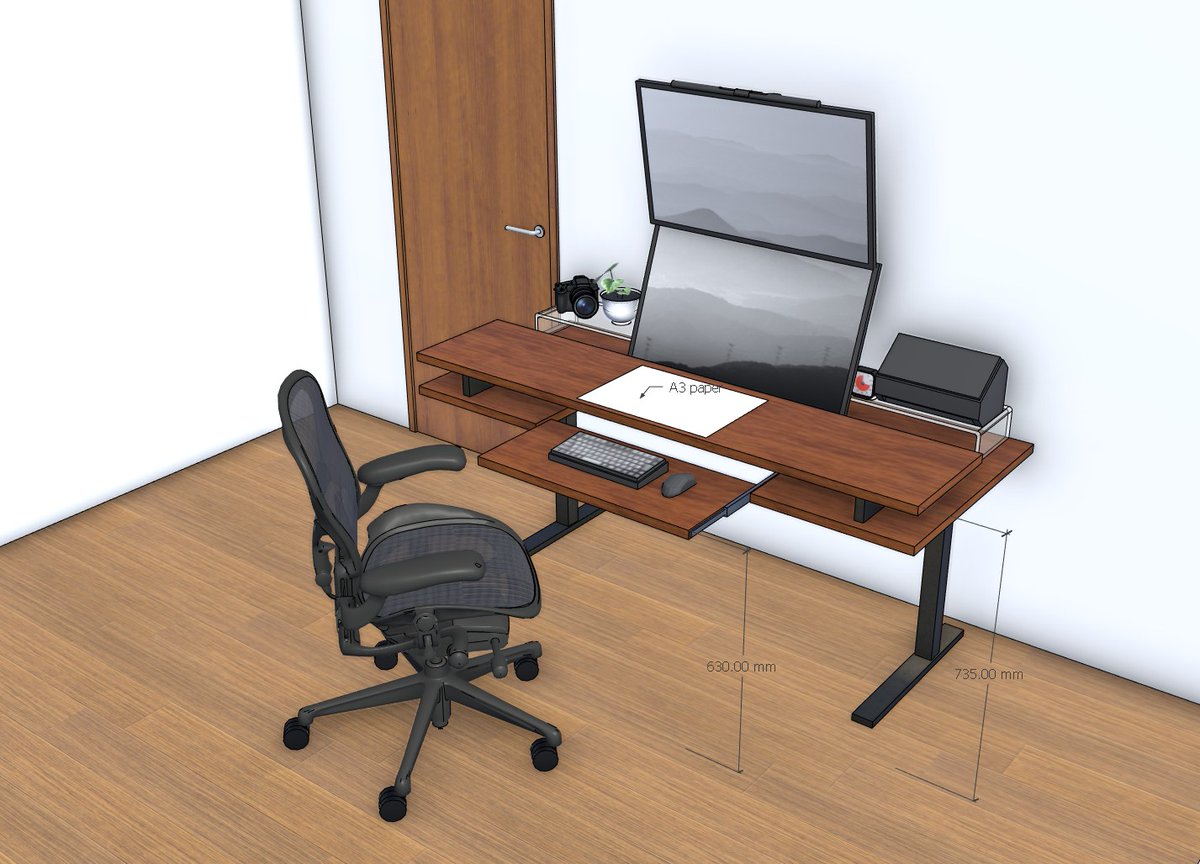 SHIMAxLOG's tweet image. 昇降デスク脚買ったら、こんな変態な天板を作りたい。モニター位置を低く、且つ、キーボード収納できる。を両方実現するにはこれしかない。
椅子もゲーミングからオフィスライクな椅子に変えたい。　#desksetup #sketchup