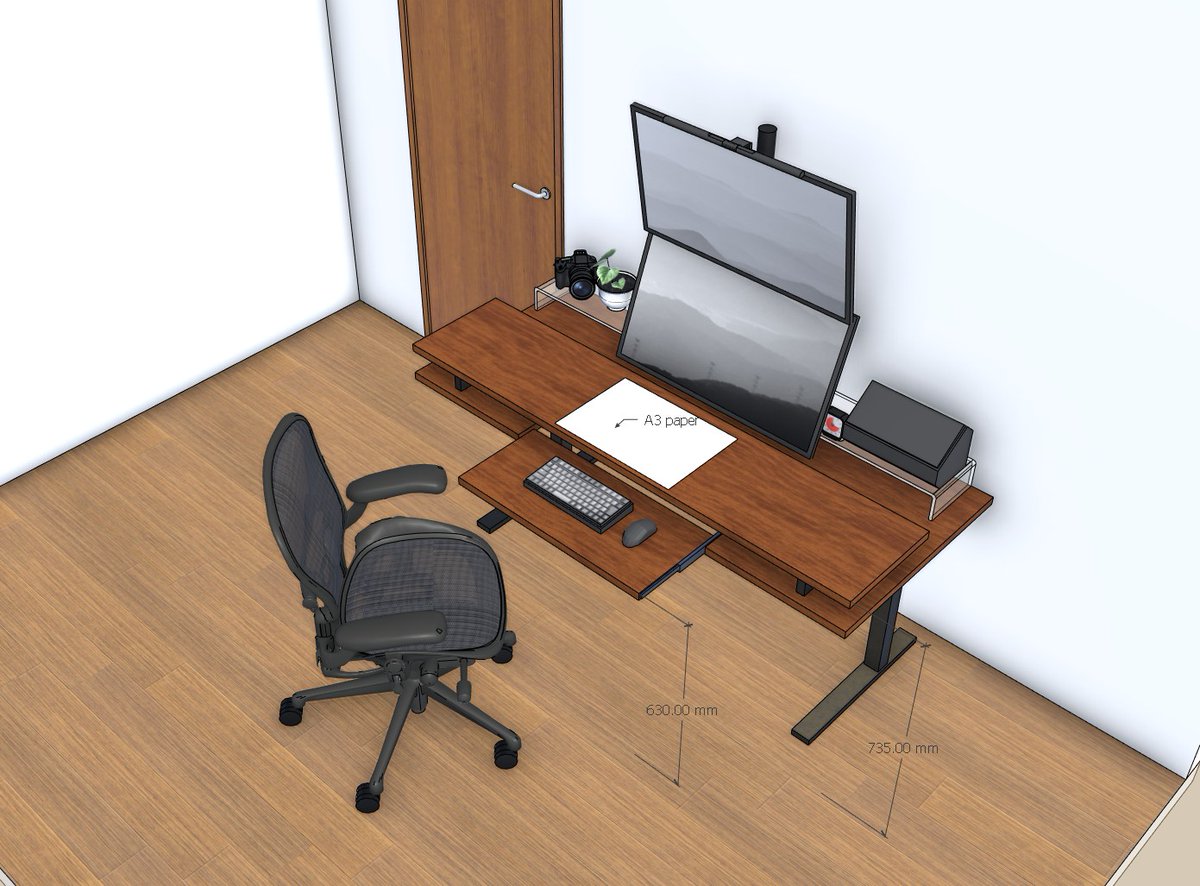 SHIMAxLOG's tweet image. 昇降デスク脚買ったら、こんな変態な天板を作りたい。モニター位置を低く、且つ、キーボード収納できる。を両方実現するにはこれしかない。
椅子もゲーミングからオフィスライクな椅子に変えたい。　#desksetup #sketchup