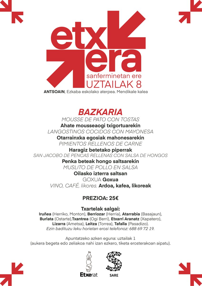 🔻 San Ferminetan ere #Etxera ↗️↙️ 

📆 Uztailak 4 

📢Etxera KALEJIRA 

📍Iruñea · 20:00, Sarasate 

📆 UZTAILAK 8 

📢 ETXERA EGUNA

📍ANTSOAIN, 13:30 

 🎟 Bazkariko txartelak hurrengo astearen bukaeran salgai.

» INFO + sare.eus/san-ferminetan…  #GutxiagoFaltada #SFk25
