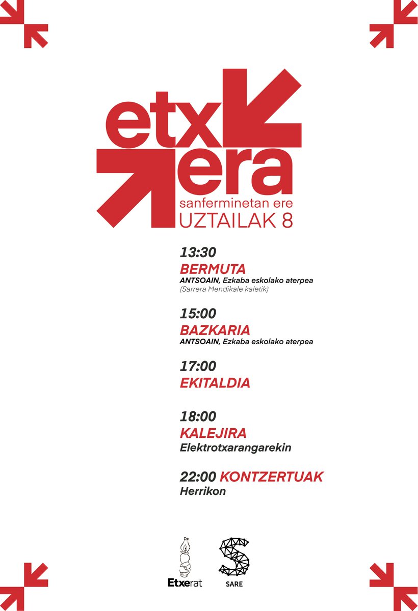sare_herritarra's tweet photo. 🔻 San Ferminetan ere #Etxera ↗️↙️ 

📆 Uztailak 4 

📢Etxera KALEJIRA 

📍Iruñea · 20:00, Sarasate 

📆 UZTAILAK 8 

📢 ETXERA EGUNA

📍ANTSOAIN, 13:30 

 🎟 Bazkariko txartelak hurrengo astearen bukaeran salgai.

» INFO + https://t.co/YoCWDlSLCN  #GutxiagoFaltada #SFk25 https://t.co/YdFfLS2tub