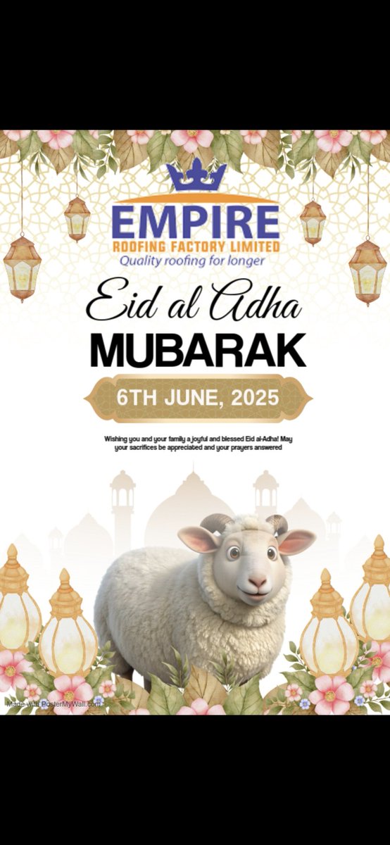 RoofingFactory's tweet photo. Eid Mubarak from our roof to yours! 🕌✨ Wishing you blessings and peace this Eid al-Adha.
#EidulAdha2025 #Roofing #Mabati https://t.co/UeT1pjQFvn