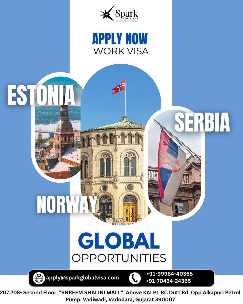 sparkglobalvisa's tweet photo. ✈️ Work Abroad with Spark Global Visa!
Exciting job opportunities are now open in:
🇪🇪 Estonia | 🇷🇸 Serbia | 🇳🇴 Norway
Apply now for a legal Work Visa with full support on accommodation, insurance &amp; documentation. https://t.co/VRUIHObWbl