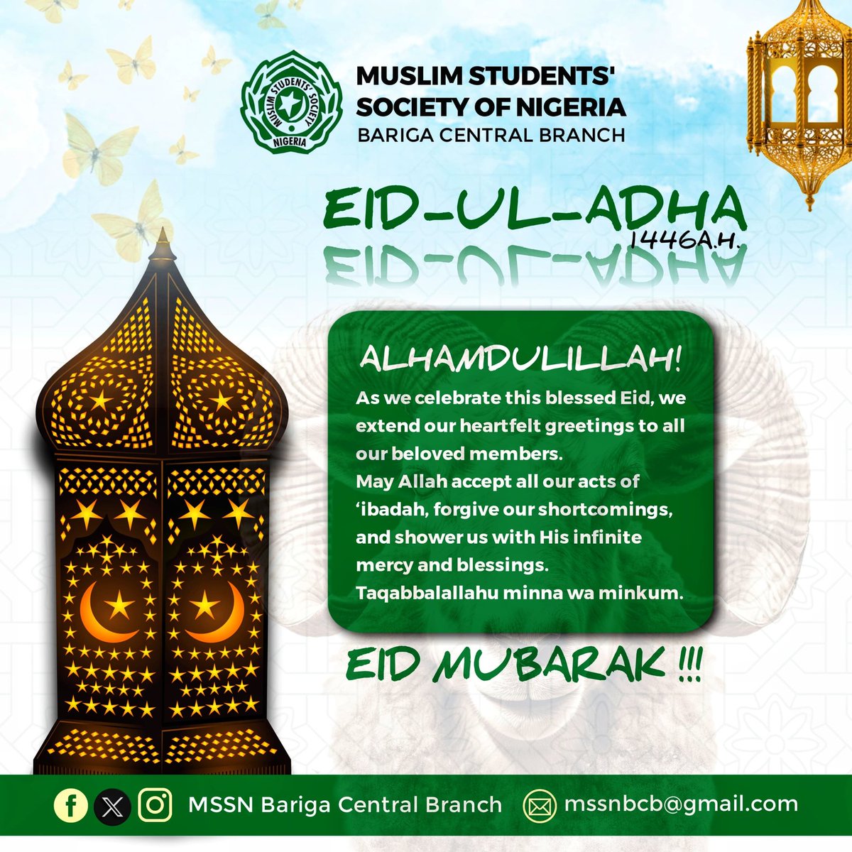 BarigaMssn's tweet photo. Happy Eid-ul-Adha🐑
1446A.H/ 2025 

Wishing you happiness, blessings, and the sweetness of faith today and always. May your home be filled with joy and your heart with gratitude.

✨ *Eid Mubarak*
Taqabbalallāhu minnā wa minkum

©️MSSN BARIGA CENTRAL BRANCH https://t.co/rRA0UiHEl9