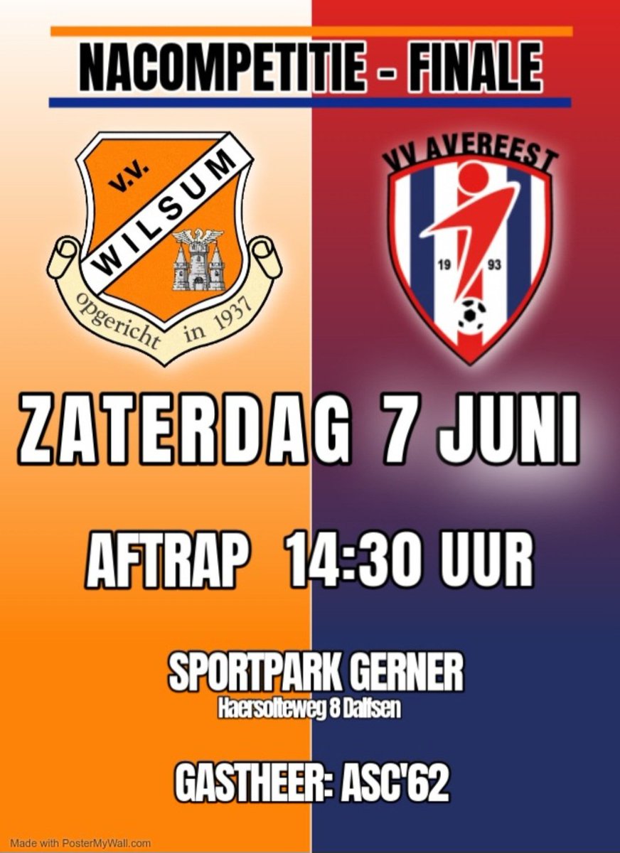 Zaterdag op ons Sportpark, wie gaat of blijft in de 4e Klasse. Beslissingswedstrijd tussen <a href="/vvwilsum1937/">v.v. Wilsum</a> en <a href="/VVAvereest/">VV Avereest</a> Aanvang 14.30 uur. Gratis entree. #ASC62
