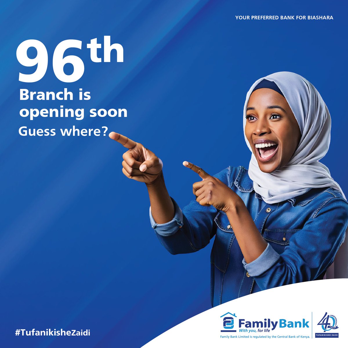 Family Bank Limited (@familybankkenya) on Twitter photo We’re excited to announce our 96th branch in Kenya, coming soon!
Can you guess where it will be?
Talk to us on 0703095445 or email: customerservice@familybank.co.ke
#YourPreferredBankForBiashara #Branch96 We’re excited to announce our 96th branch in Kenya, coming soon!
Can you guess where it will be?
Talk to us on 0703095445 or email: customerservice@familybank.co.ke
#YourPreferredBankForBiashara #Branch96