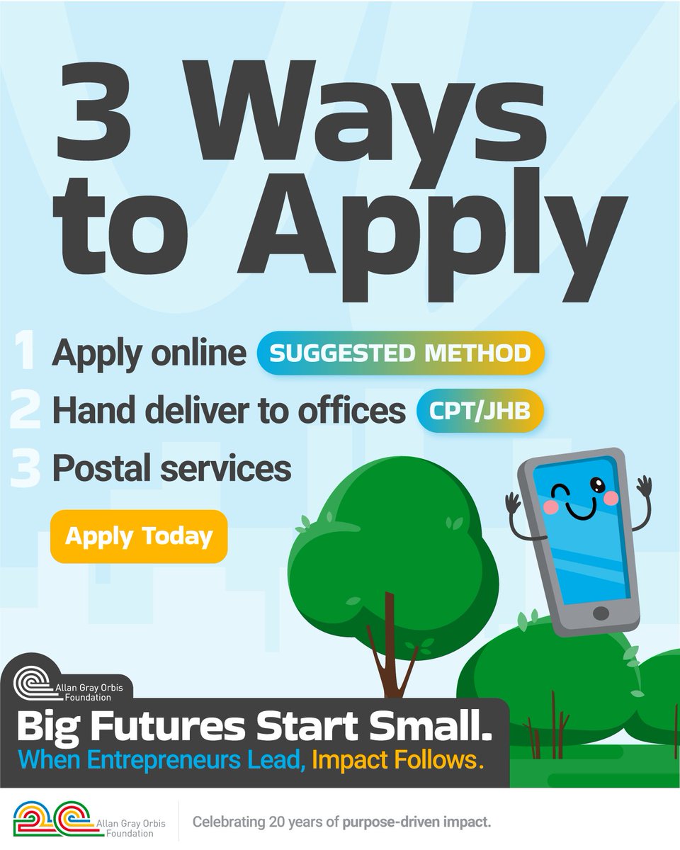 AllanGrayOrbis's tweet photo. Want to apply for the Allan Gray Scholarship Programme?

Three are ways available to you - online, by post or by hand.

Apply here: https://t.co/ShA2PdxNB9

#BigFuturesStartSmall #AllanGrayScholarship https://t.co/IxbqlEaNeN