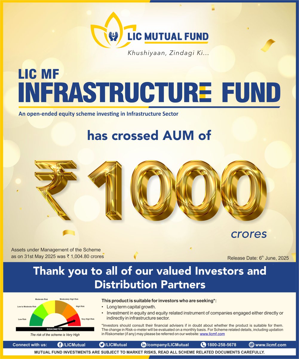 licmutual's tweet image. 🎊LIC MF Infrastructure Fund has crossed Rs. 1,000 crore AUM!🎉
🙏 Heartfelt thanks to our investors and distributor partners for the trust, support, and belief. 
Let’s continue this journey of growth together. 🚀

#LICMF #infrastructurefund #CelebratingGrowth #AUM