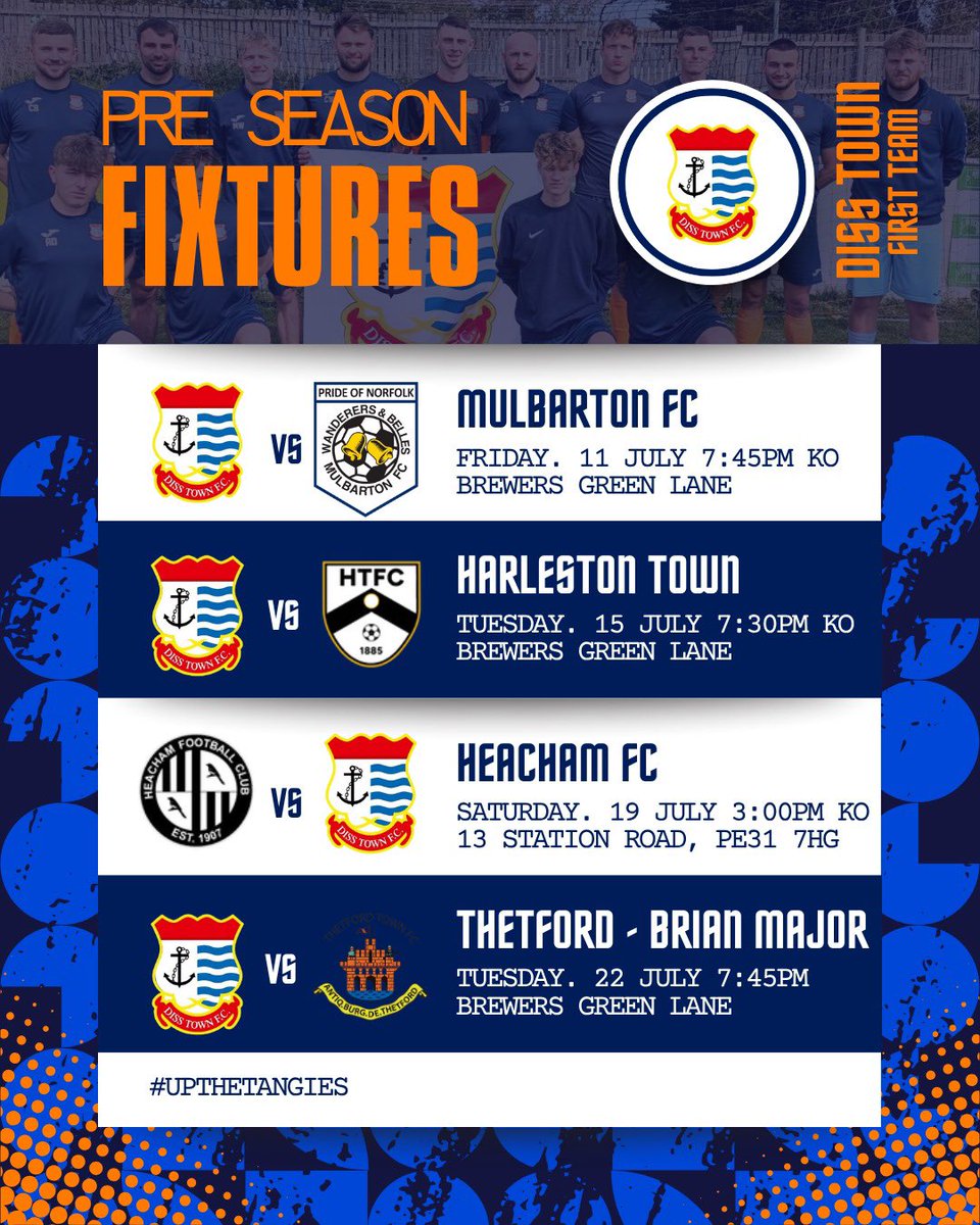 Diss Town FC (@disstownfc) on Twitter photo With the dust settled on the 2024-25 season preparations are in place for the coming season with four pre-season matches.
<a href="/MulbartonFC/">Mulbarton FC (Menโs)</a> <a href="/HarlestonTownFC/">Harleston Town FC</a> <a href="/HeachamFC/">Heacham F.C</a> <a href="/ThetfordTownFC/">Thetford Town FC</a> With the dust settled on the 2024-25 season preparations are in place for the coming season with four pre-season matches.
<a href="/MulbartonFC/">Mulbarton FC (Menโs)</a> <a href="/HarlestonTownFC/">Harleston Town FC</a> <a href="/HeachamFC/">Heacham F.C</a> <a href="/ThetfordTownFC/">Thetford Town FC</a>
