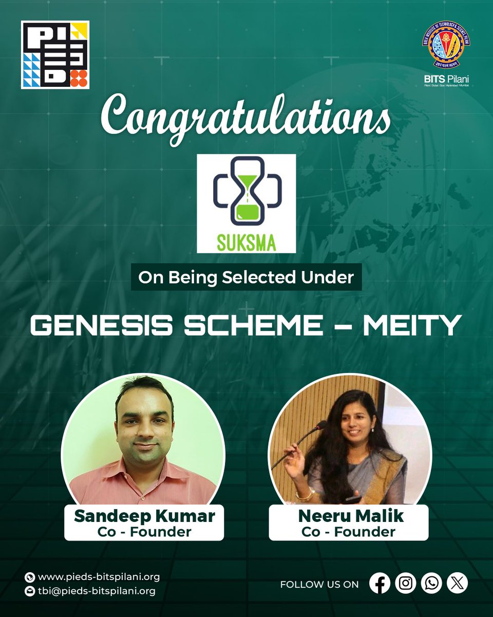 🎉 Congrats to Suksma Medtech Pvt. Ltd. for being selected under the GENESIS Scheme – MeitY!

Kudos to co-founders Sandeep Kumar &amp; Neeru Malik for driving innovation with purpose. 🌱💡

#GENESISScheme #MeitY #SUKSMA #StartupRecognition #BITSStartup #WomenInTech #TechWithPurpose